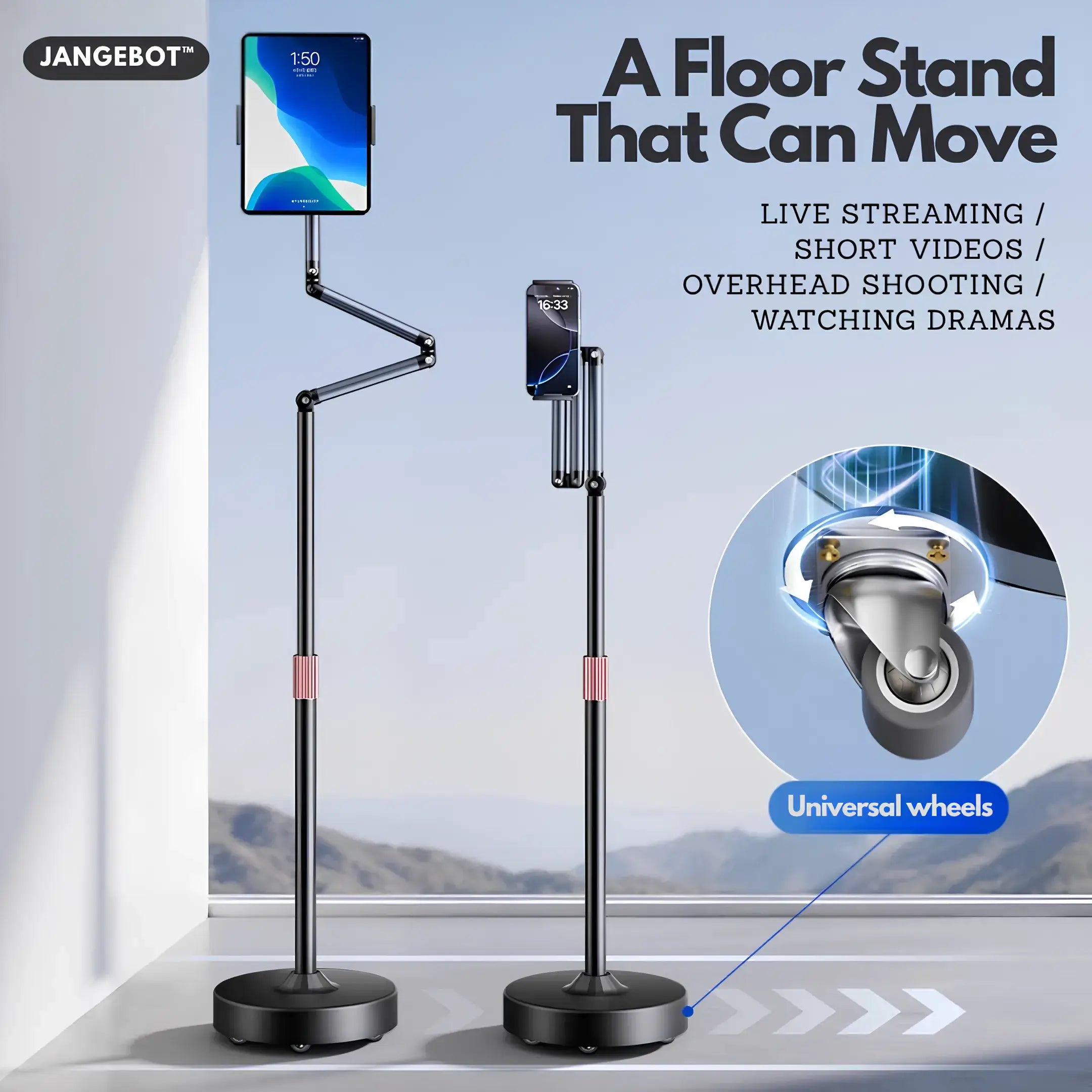 Universal Wheels Adjustable Tablet/Phone Floor Stand - A300E